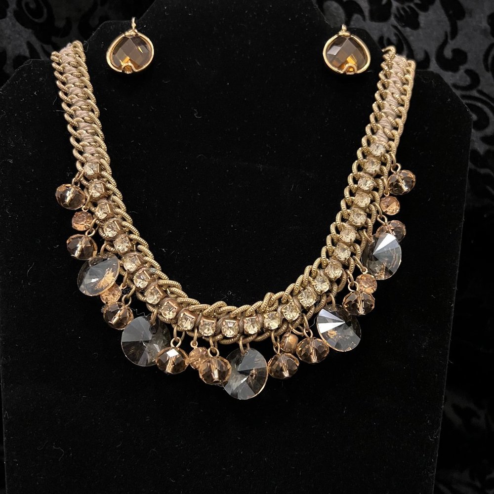 Gold/Taupe Mesh/Topaz & Multi-Color Crystal Necklace *New never worn